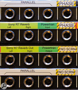 Spare sockets on your patchbay can be put to good use. For example, you can easily wire up polarity inverters, pads and mults (parallel outputs) for convenient access. Spare sockets on your patchbay can be put to good use. For example, you can easily wire up polarity inverters, pads and mults (parallel outputs) for convenient access.