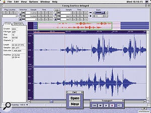 Tiny Wave Editor has just one screen, and this is it. Here an entire sample is shown in the top display, plus a zoomed portion in the large working area. All the sample's 'personal' details are listed on the virtual file card to the left. You can do any editing here that you'd be able to do in the A4000/5000, plus more. Tiny Wave Editor has just one screen, and this is it. Here an entire sample is shown in the top display, plus a zoomed portion in the large working area. All the sample's 'personal' details are listed on the virtual file card to the left. You can do any editing here that you'd be able to do in the A4000/5000, plus more.