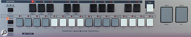 The mini‑keys also act as track mutes and note input buttons for analogue‑style step sequencing. The two pads on the right are ideal for drum programming. The mini‑keys also act as track mutes and note input buttons for analogue‑style step sequencing. The two pads on the right are ideal for drum programming.